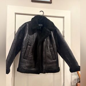 Scoop NYC Black Shearling-Trim Leather Jacket